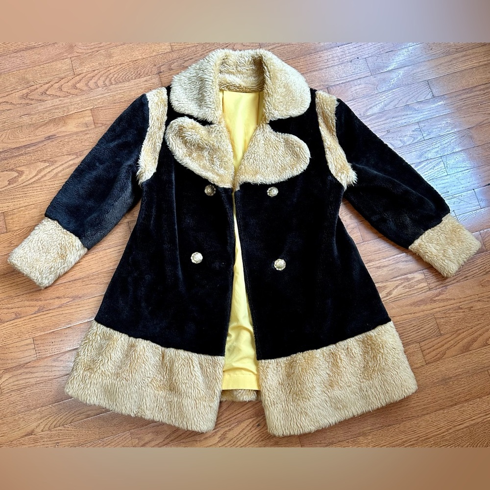 Vintage 1970s Dark Brown Faux Fur and Tan Wide Lapel Double Breasted Flair Coat